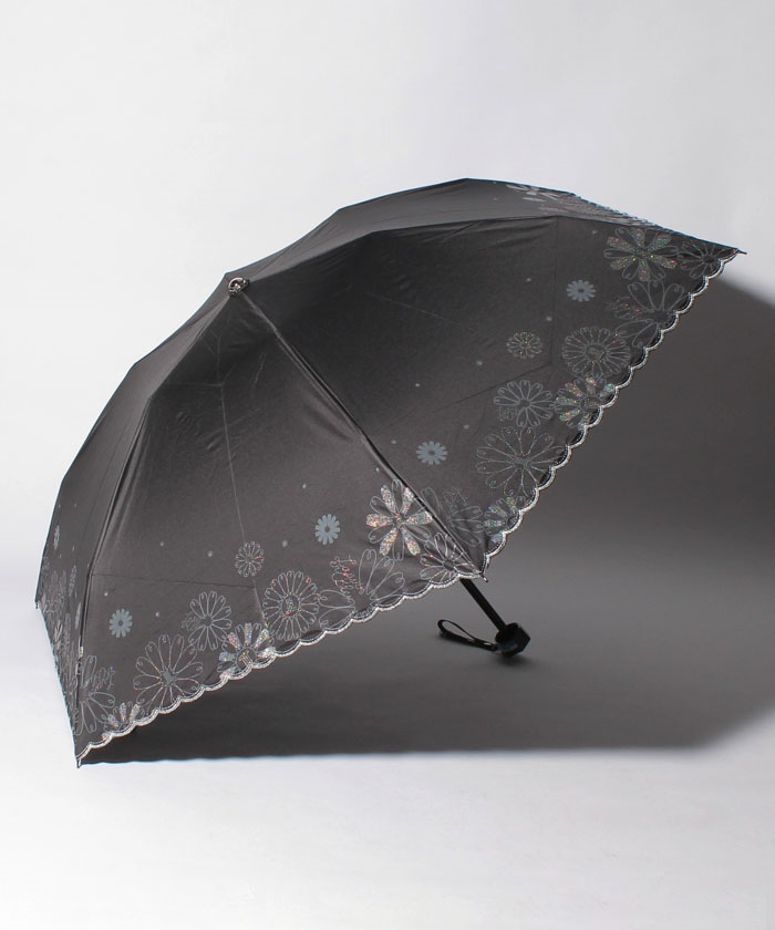 【未使用】ランバン 折り畳み傘 雨傘 日傘 晴雨兼用 パラソル 花柄 刺繍 黒 LANVIN en Bleu 折りたたみ傘 遮光晴雨兼用折りたたみ日傘