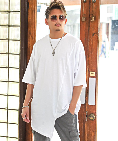 天竺アシンメトリーデザインTシャツ/半袖Tシャツ メンズ ビッグ