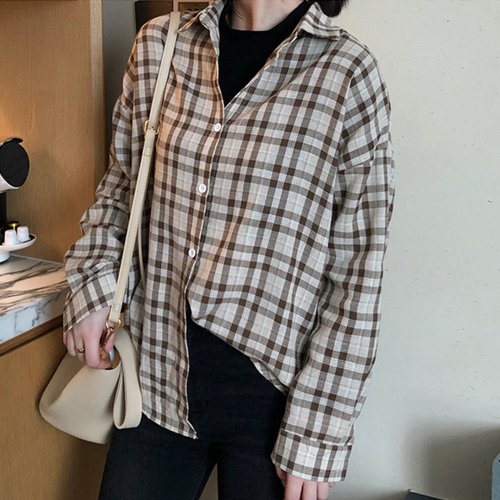 セール チェック柄シャツ レディース シャツブラウス 春夏秋 開襟シャツ 長袖ドロップショルダー チェックブラウス カジュアル韓国風 ミニミニストア Miniministore D Fashion