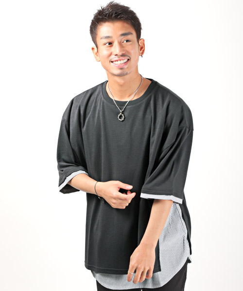 最新最全の ラグスタイル LUXSTYLE T/R天竺ストライプ柄フェイクレイヤードT トップス