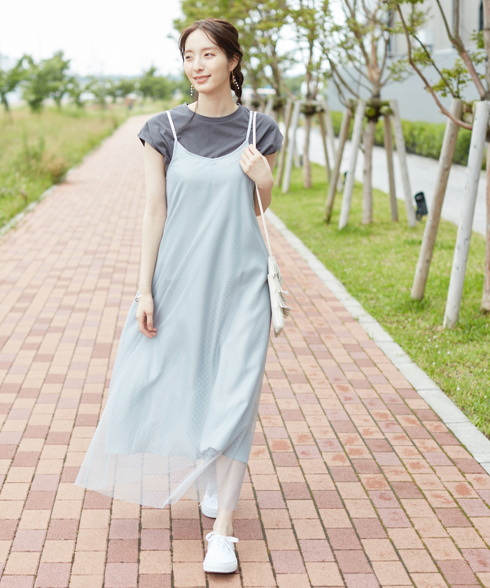 styling/ ドットチュール キャミワンピース インナー付き グレー