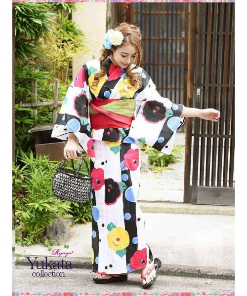 セール10 Off モノクロ ストライプ 浴衣 ビビットカラー 椿柄 リューユ Rew You D Fashion