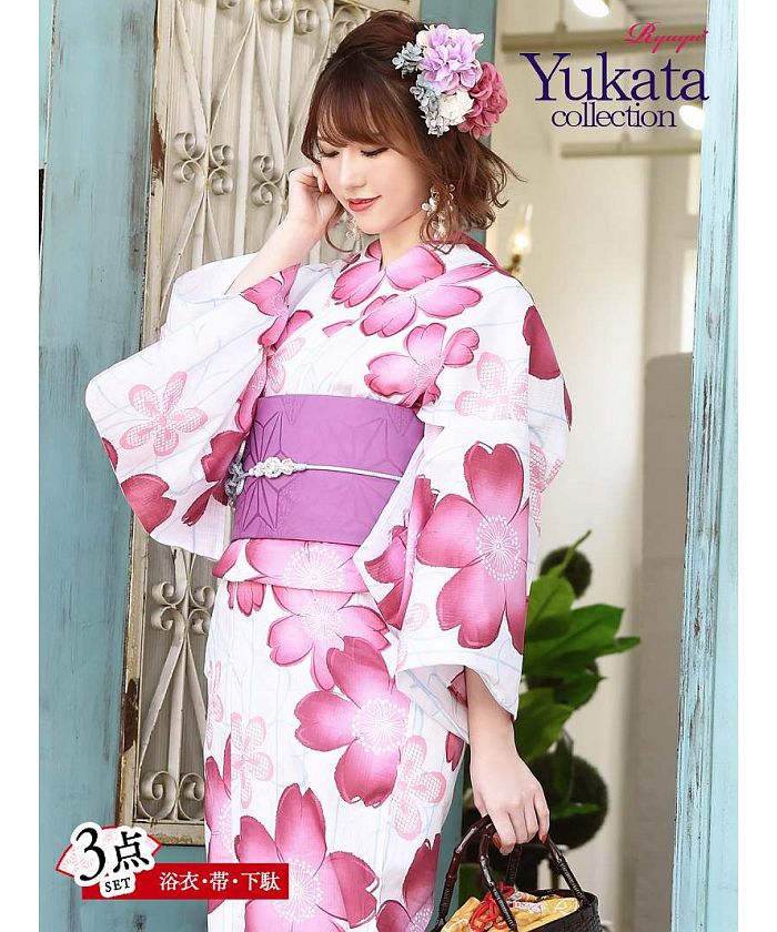Ryuyu 白 ピンク 浴衣 かわいい 3点セット(503946750) | リューユ(Rew