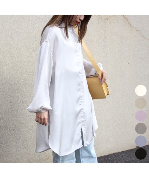 セール50 Off 光沢が美しいサテン素材のバンドカラーロングシャツ エマ Emma D Fashion セール50 Off 光沢が美しいサテン素材のバンドカラーロングシャツ エマ Emma D Fashion