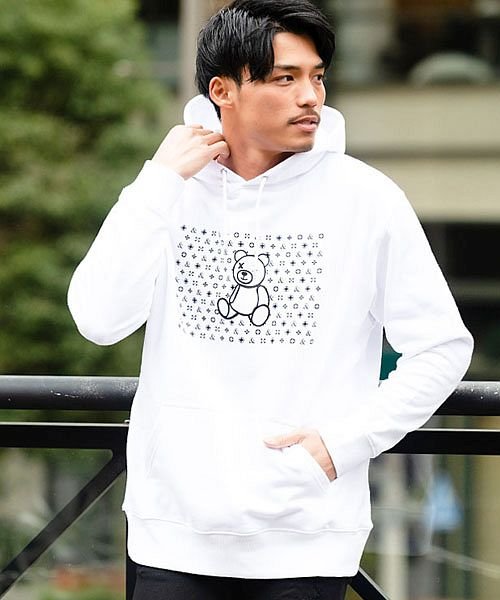 パーカー メンズ トップス スウェット スエット 長袖 プルオーバー 裏毛 モノグラム ベア クマ くま プリント 綿100 コットン モノトーン M L キャバリア Cavaria D Fashion