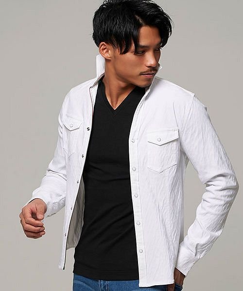 長袖シャツ メンズ トップス スキッパー タイト 細身 カジュアルシャツ ストレッチ 伸縮性 白シャツ ボタンダウン ブラック ホワイト 黒 白 M L Xl ヴィオラ Viola D Fashion