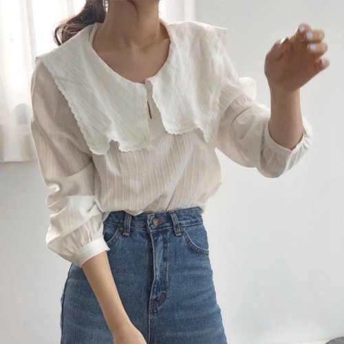 シャツ トップス 韓国ファッション セーラー襟 ブラウス ラッフルブラウス 長袖 可愛い 通勤 レディース ミニミニストア Miniministore D Fashion