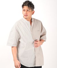 LUXSTYLE/スタンドカラーストライプBIG半袖シャツ/半袖シャツ メンズ スタンドカラー 無地 薄手 ビッグシルエット/503965883