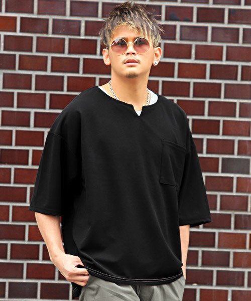 セール 梨地キーネックtシャツ タンクトップアンサンブル Tシャツ タンクトップ メンズ 半袖 アンサンブル 2点セット 重ね着 春夏 ラグスタイル Luxstyle D Fashion