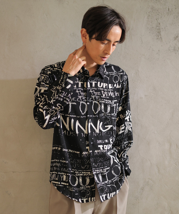 ◆boohoo◆スローガンプリントリネン風シャツ / navy fronthook sheer rib pullover（カットソー） | CODE A（コード