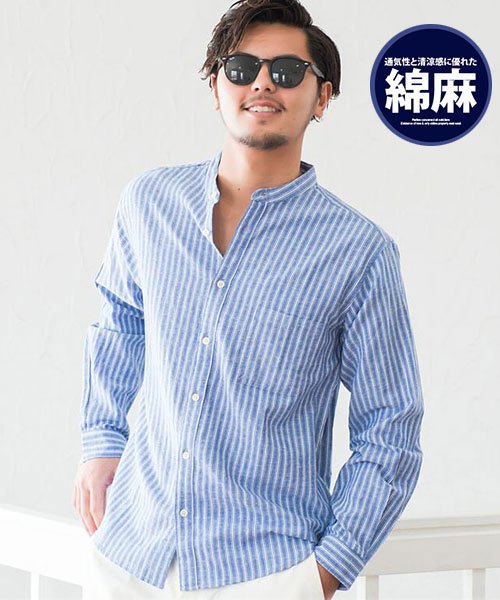 Cavaria 綿麻バンドカラー長袖シャツ長袖シャツ メンズ 綿麻 リネン 無地 ストライプ バンドカラー C キャバリア Cavaria D Fashion Cavaria 綿麻バンドカラー長袖シャツ長袖シャツ メンズ 綿麻 リネン 無地 ストライプ バンドカラー C キャバリア Cavaria D Fashion