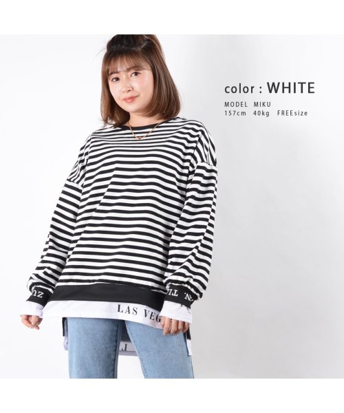 フェイクレイヤード ボーダー 長袖tシャツ ロンt レディース Tシャツ 長袖 レディース スウェット ボーダー カットソー 重ね着 スエット レイヤード ワンフォークロージング 1111clothing D Fashion