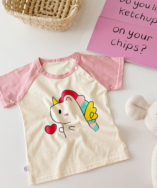 クーポン Aimoha Kids 新作 かわいい動物イラストプリント 袖切り替え半袖tシャツ Aimoha アイモハ Aimoha D Fashion