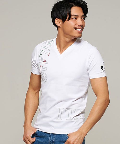 Viola メタリックラメプリント入りストレッチvネック半袖tシャツ Tシャツ メンズ 半袖 トップス