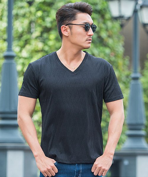 Cavaria ふくれバイアス柄vネック半袖tシャツメンズ ブランド バイアス柄 Vネック カットソー シンプル 総柄 トップス M L タイト 細身 上品 大 キャバリア Cavaria D Fashion