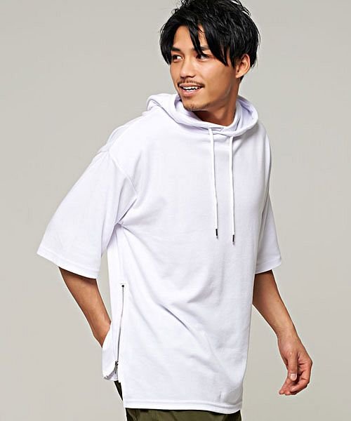 Cavaria サイドジップ付き半袖ビッグパーカー メンズ 半袖 ブランド 大きめ サイドジップ パーカー 半袖tシャツ ビッグシルエット ジッパー B キャバリア Cavaria D Fashion