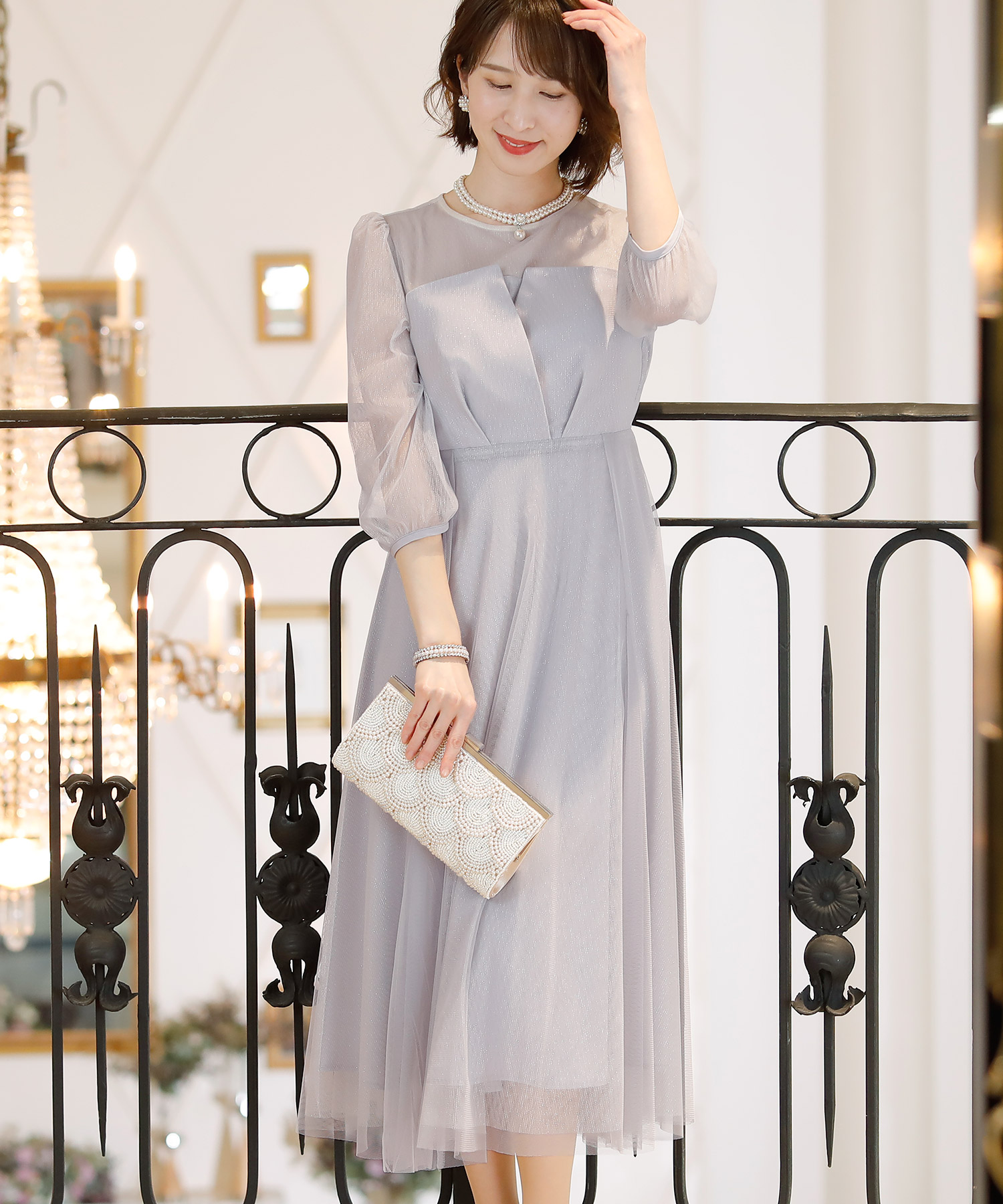 ラメチュールワンピースドレス七分袖&ロング結婚式フォーマル 表する