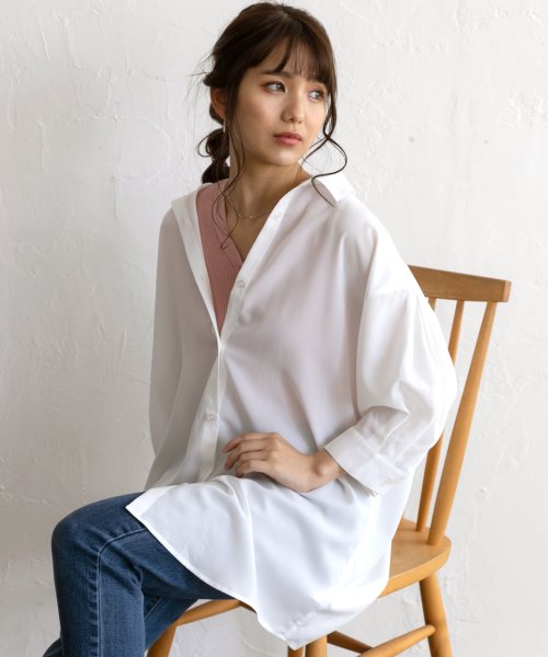 クーポン】【セール40%OFF】ふんわり シフォン タック袖 ビックシャツチュニック ロング丈 シアー 透け パフスリーブ 袖コンシャス 7分袖 5分袖 二の腕カバー 春 夏(504033257) アドティエ(ad thie) d fashion 『テチチ』ノーカラーシャツ ブラウス ギャザー 光沢 ロング チュニック