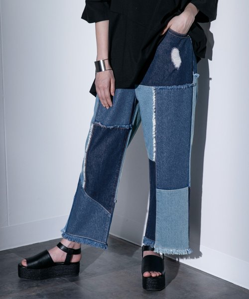 パッチワーク風アシメデニムパンツ オシャレウォーカー Osharewalker D Fashion