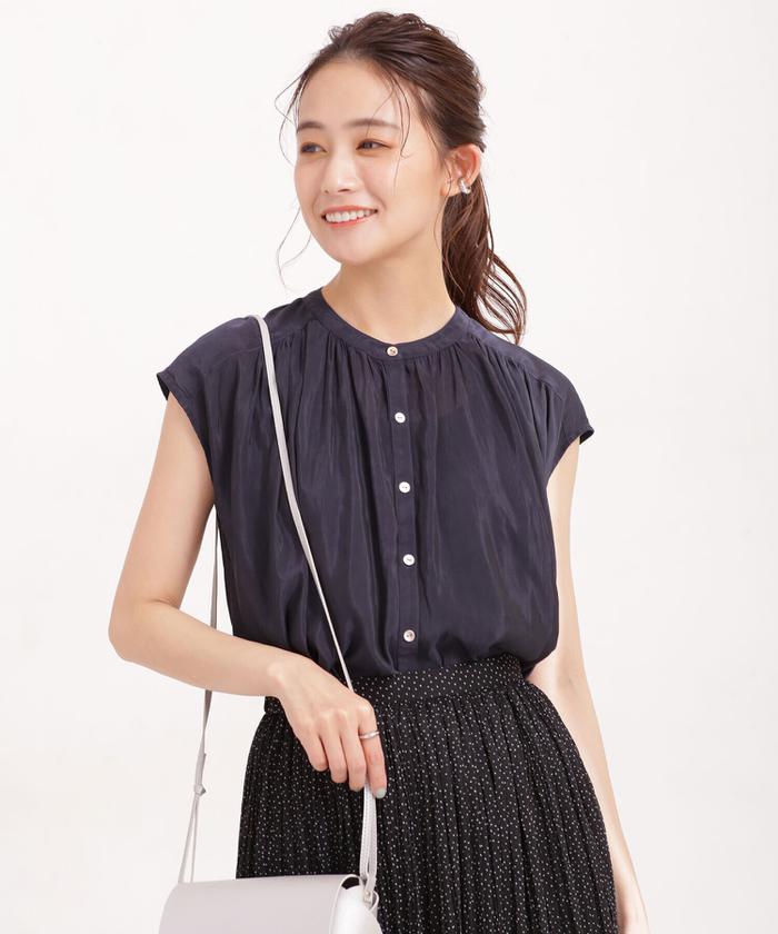 5152【美品】45R ノースリーブ ブラウス ギャザー インディゴ サイズ2 5152【美品】45R ノースリーブ ブラウス ギャザー インディゴ