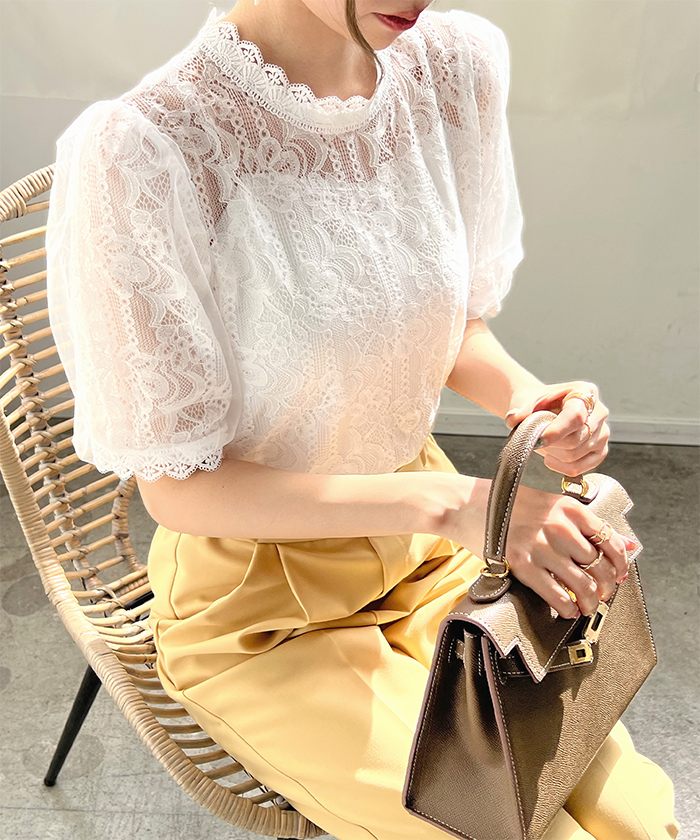 【セール10%OFF】レース トップス チュール 長袖 半袖 総レース