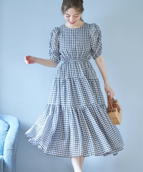 ギャザーボリュームスリーブシアーギンガムチェックティアードワンピース トッコクローゼット Tocco Closet D Fashion