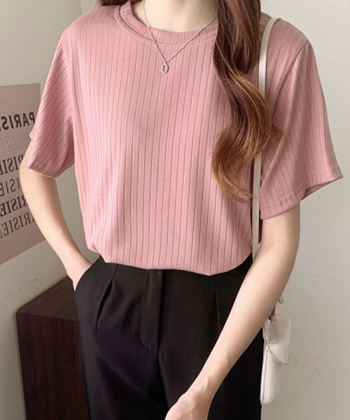 ｔシャツ レディース 半袖 トップス カットソー 春 夏 カジュアル 黒 白 ピンク 伸縮性 通学 通勤 代 30代 40代 ドゥーベル Doux Belle D Fashion