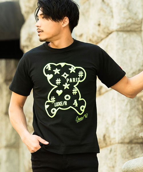 クーポン Luxe R 発泡ベアプリントクルーネック半袖tシャツ メンズ 半袖 クマ 熊 モノグラム 蛍光色 ネオンカラー エスビーセレクト Sb Select D Fashion