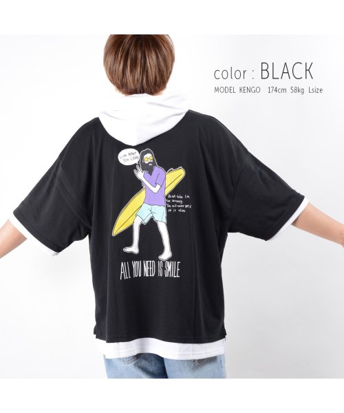 イラスト フェイクレイヤード Tパーカー パーカー 半袖 メンズ 半袖パーカー レディース Tシャツ フード 半袖 トップス ビッグシルエット パーカ 夏 ワンフォークロージング 1111clothing D Fashion