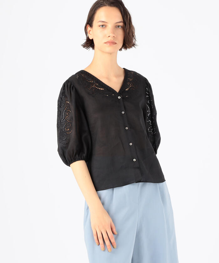 未使用級✨ボールジィ ラミーエンブロイダリー Vネックブラウス 黒 22SS セール 40%OFF】ラミーエンブロイダリー Vネックブラウス