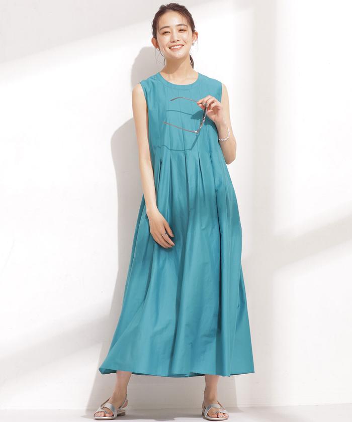 ナノユニバース タックディザイン　ノースリーブワンピース　オレンジ色 セール 50%OFF】MUVEIL WORK×AntiSoaked切替ワンピース