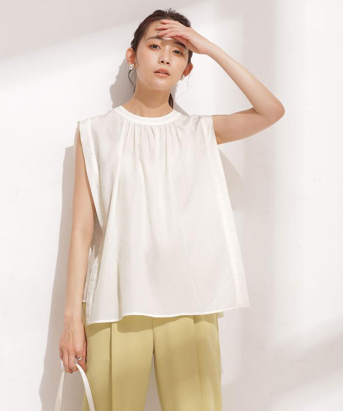 セール 40%OFF】ストライプスクエアブラウス ノースリーブ セール 40%OFF】ストライプスクエアブラウス ノースリーブ
