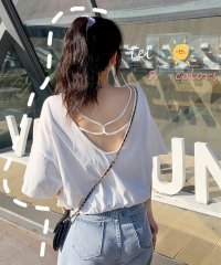 shoppinggo/ショッピングゴー shoppinggo 夏服 韓国ファッション 新作 Tシャツ バッククロス 裾紐入り カットソー トップス 半袖 ラウンドネック シンプル/504105833
