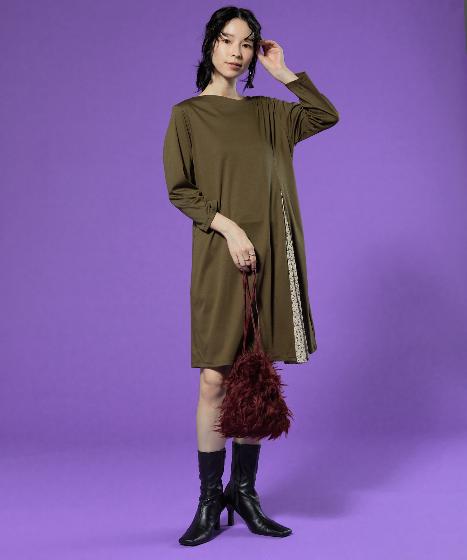 芽風 メフウ チュニックワンピース アシンメトリー ドット 切替 ストレッチ 芽風 メフウ チュニックワンピース アシンメトリー ドット 切替