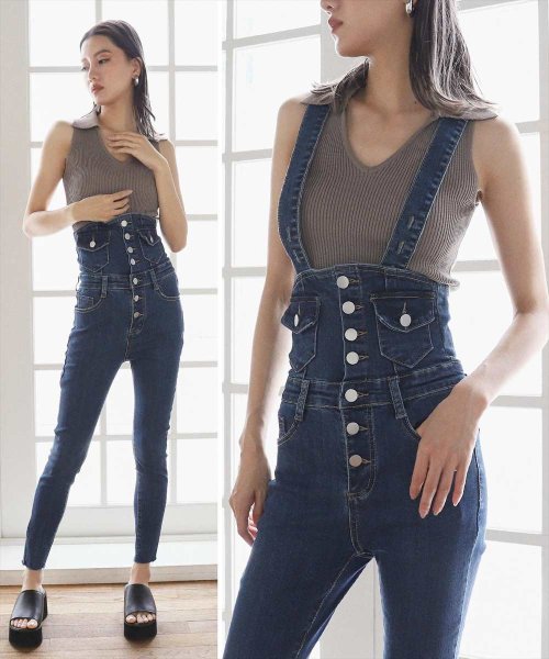 フロントボタンデニムスキニーサロペット アナップ Anap D Fashion フロントボタンデニムスキニーサロペット アナップ Anap D Fashion
