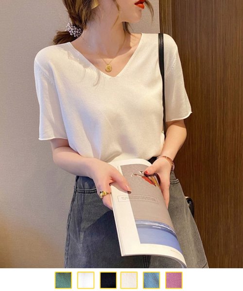 セール30 Off 韓国ファッション 夏新作 サマーニット レディース セーター 半袖セーター Vネック シンプル 無地 清楚 カジュアル トップス プルオーバー ショッピングゴー Shoppinggo D Fashion