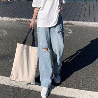 miniministore/ワイド デニムパンツ ダメージ加工脚長/504138618