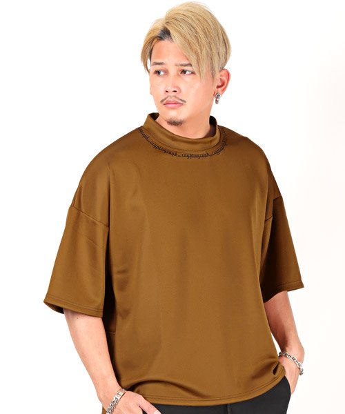 プチモックビッグロゴtシャツ Tシャツ メンズ 半袖 5分袖 ビッグシルエット ロゴ モックネック ラグスタイル Luxstyle D Fashion