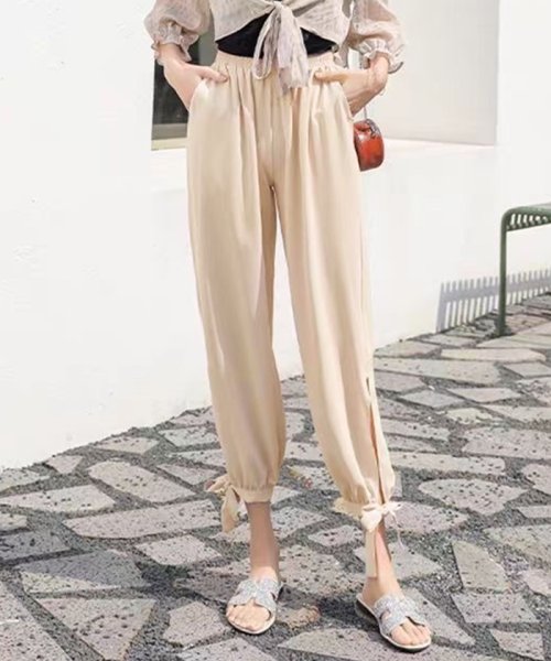 クーポン】ワイドパンツ 裾リボン ドロストパンツ スリット パンツ ボトム 韓国 ファッション 裾リボンドロストワイドパンツ(504142558) フューティアランド(futier land) d fashion レディース ワイドパンツ ボトムス 裾スリット