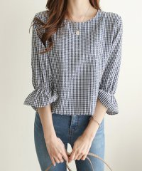 Doux Belle/ドゥー ベル Doux Belle 夏新作 シャツ ブラウン レディース 七分袖 夏 フリル袖 チェック柄 黒 ブラウン OL 通学 通勤 可愛い/504153052