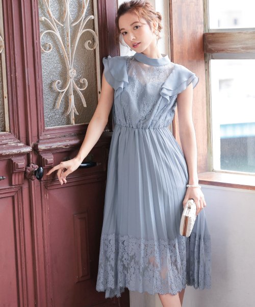 結婚式 ワンピース パーティードレス ロング ノースリーブ プリーツスカート S M L 小さいサイズ 大きいサイズ ハイネック シアー ロング丈 オケワンピ ニアナ Niana D Fashion