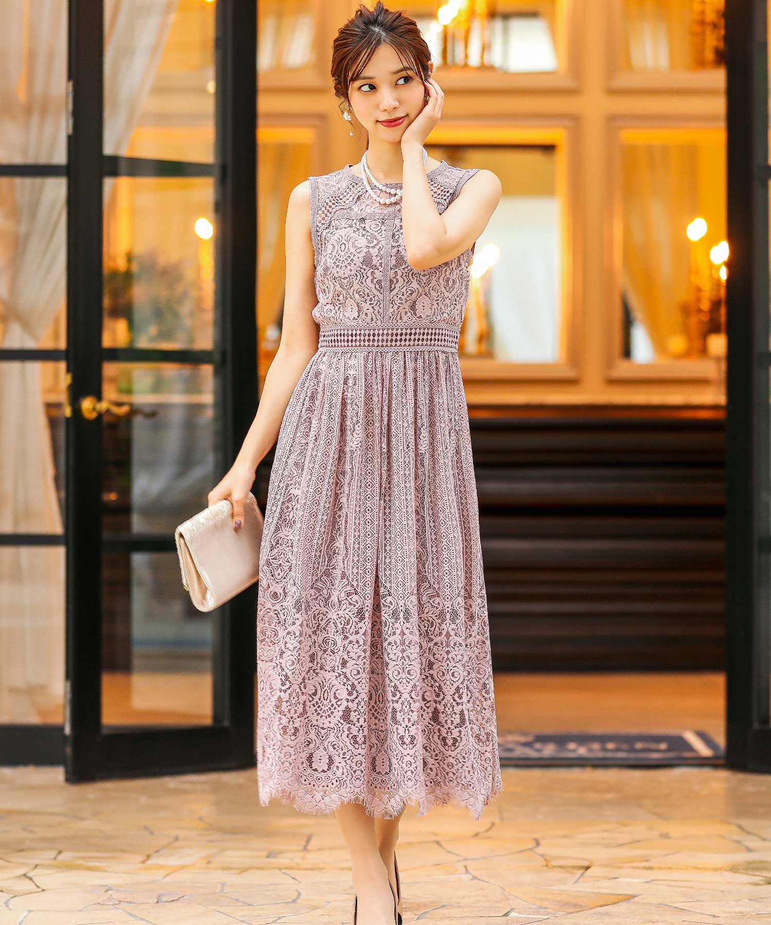 【クリーニング済】ドレス　結婚式　同窓会　成人式　niana ニアナ niana 襟ボウタイレース 結婚式ワンピース パーティー