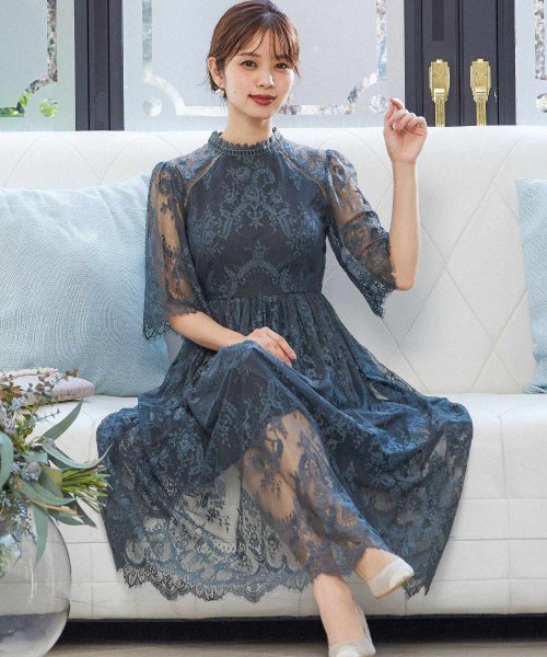 結婚式 ワンピース パーティードレス 花柄 チュール ロング 総レース シアー 透け感 ハイネック ウエストゴム ミモレ丈 5分袖袖あり オケージョン 1 5次 ニアナ Niana D Fashion