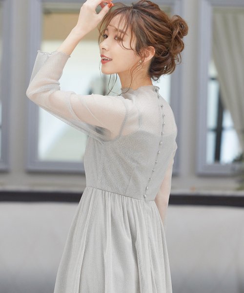結婚式 ワンピース パーティードレス シアー 透け感 シースルー ラメ ハイネック メロウ バックボタン レイヤード S M L 体型カバー ミモレ丈 長袖 袖 ニアナ Niana D Fashion