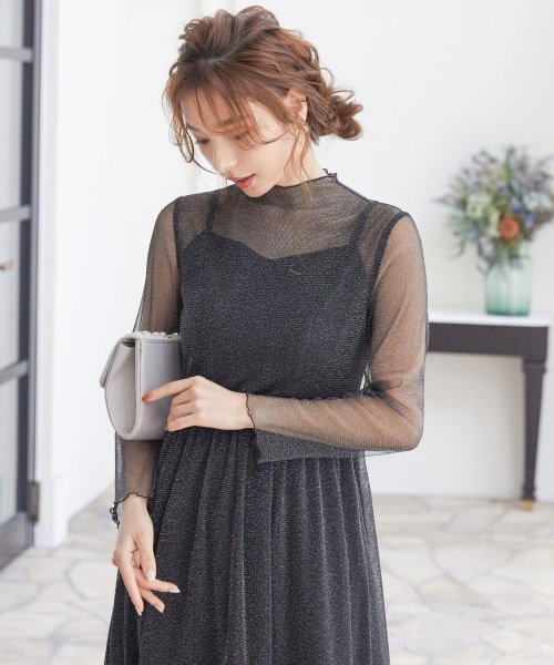 結婚式 ワンピース パーティードレス シアー 透け感 シースルー ラメ ハイネック メロウ バックボタン レイヤード S M L 体型カバー ミモレ丈 長袖 袖 ニアナ Niana D Fashion