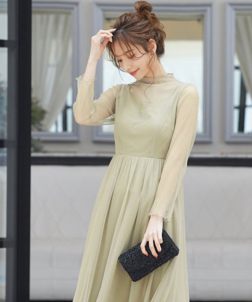 結婚式 ワンピース パーティードレス シアー 透け感 シースルー ラメ ハイネック メロウ バックボタン レイヤード S M L 体型カバー ミモレ丈 長袖 袖 ニアナ Niana D Fashion