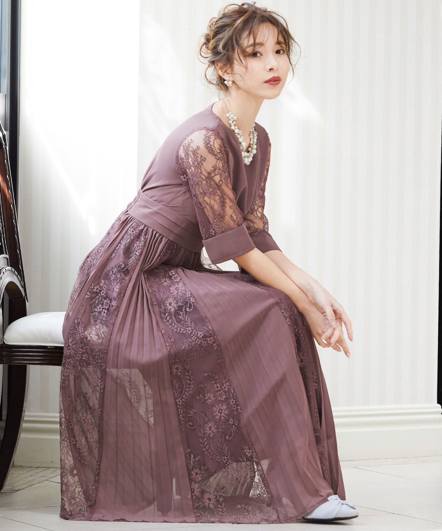 クーポン】ニアナ niana プリーツ×レース 7分袖ドレス 結婚式 クーポン】ニアナ niana プリーツ×レース 7分袖ドレス 結婚式