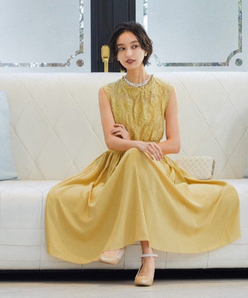 結婚式 ワンピース パーティードレス ロング ノースリーブ ウエストギャザー リボン ハイネック シアー 透け感 ロング丈 フレア オケワンピ 披露宴 二次会 ニアナ Niana D Fashion