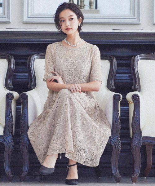 結婚式 ワンピース パーティードレス 花柄 ロング 総レース シアー 透け感 半袖 タック ハイウエスト ミモレ丈 フレア オケワンピ 披露宴 二次会 5分袖 ニアナ Niana D Fashion