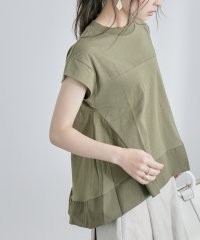 Fashion Letter/[M－5L] 異素材切り替え フレア カットソー Tシャツ レディース 半袖 シャツ ブラウス トップス チュニック ラウンドネック ロンT 大きいサイズ L /504165368